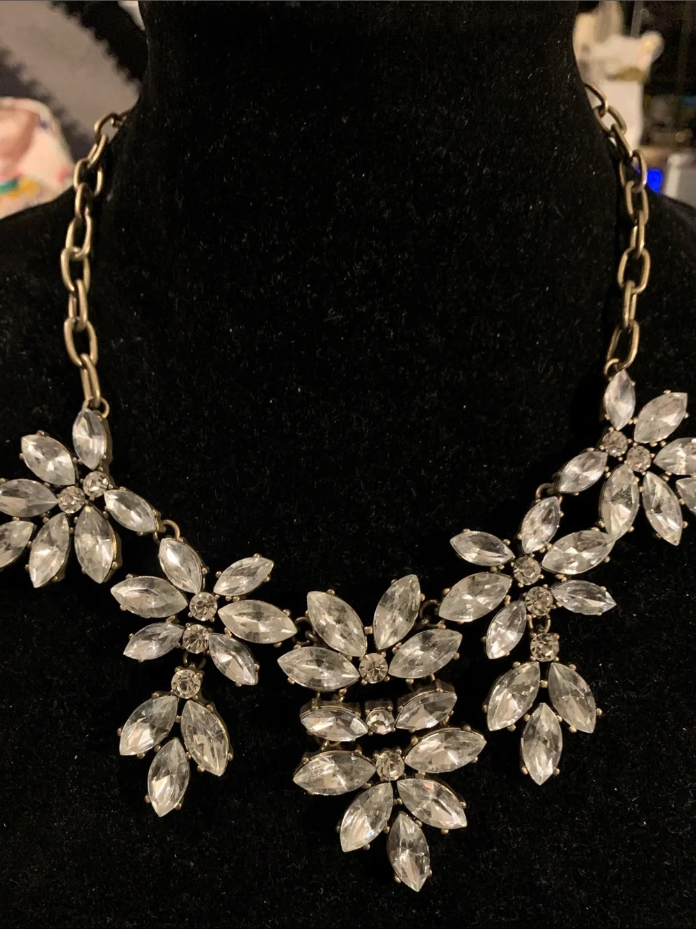Crystal Floral Bib Necklace - Clear Crystals on Silver-Tone Chain - Picture 3 of 4